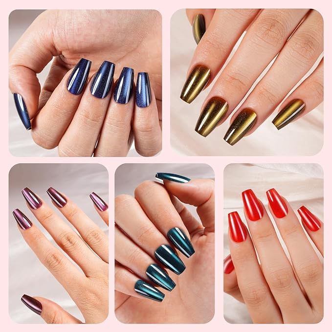 Cat Eye Press on Nails, 300Pcs Short Coffin Cat Eye Nail Tips, Glossy Glitter Soft Gel Fake Nails for Women and Girls Stick On Nails in 15 Sizes