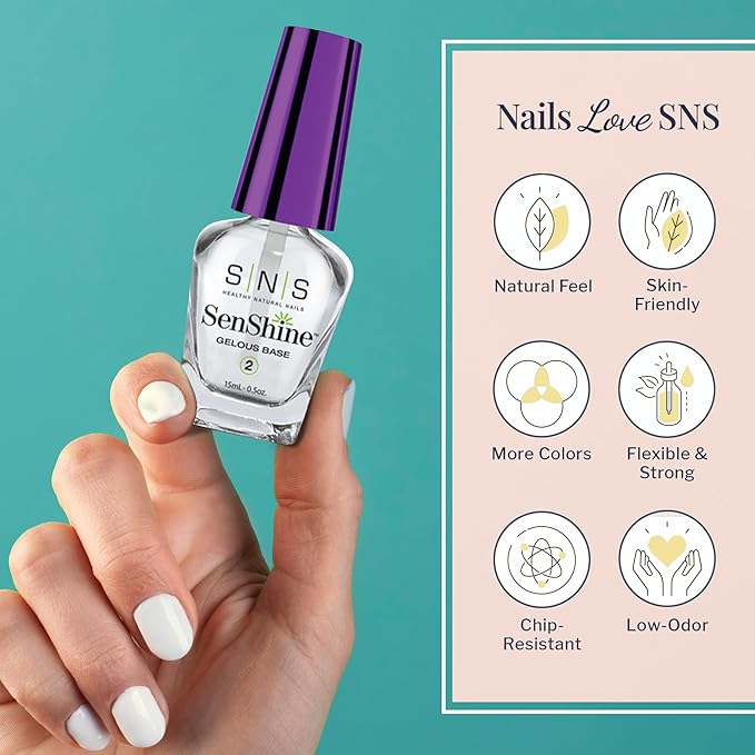 SNS Base Coat Nail Polish for Nail Dip Powder, SenShine Super Gelous Base Refill - Long-Lasting & Fast-Drying Nail Strengtheners Gel - Low-Odor & No UV Lamp Required - 2 FL OZ