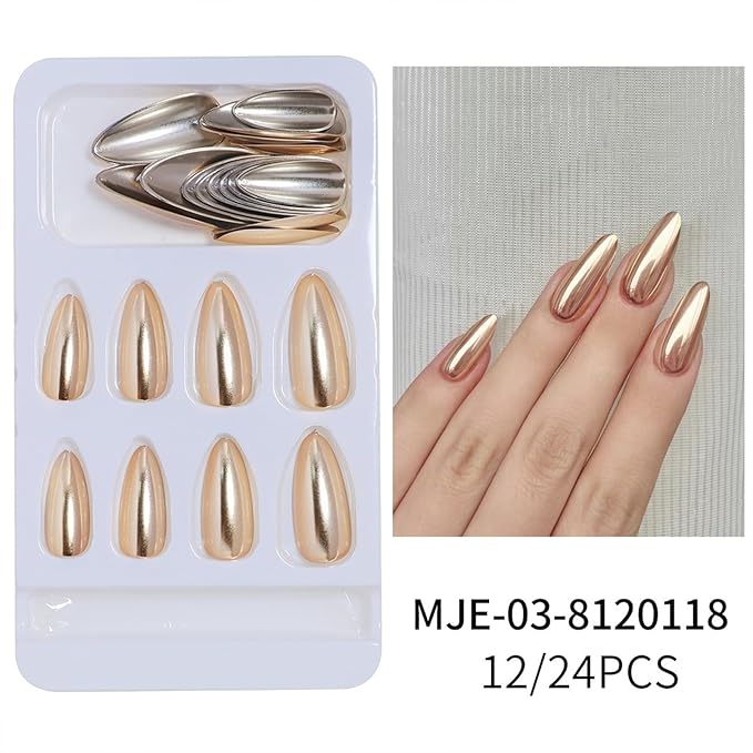 Gold Press on Nails Medium Almond Fake Nails Chrome Metallic False Nails Press ons Christmas Acrylic Glue on Nails Cute Artificial Stick on Nail for Women Manicure 24Pcs