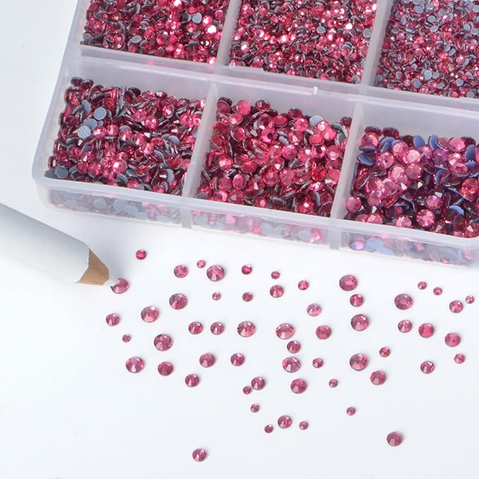 Bymitel Hotfix Crystal Rhinestones Round Gems for Crafts,Mixed 6 Sizes with Wax Pencil Kit, Rose1.3-3.2mm(SS3-SS12/8000pcs)