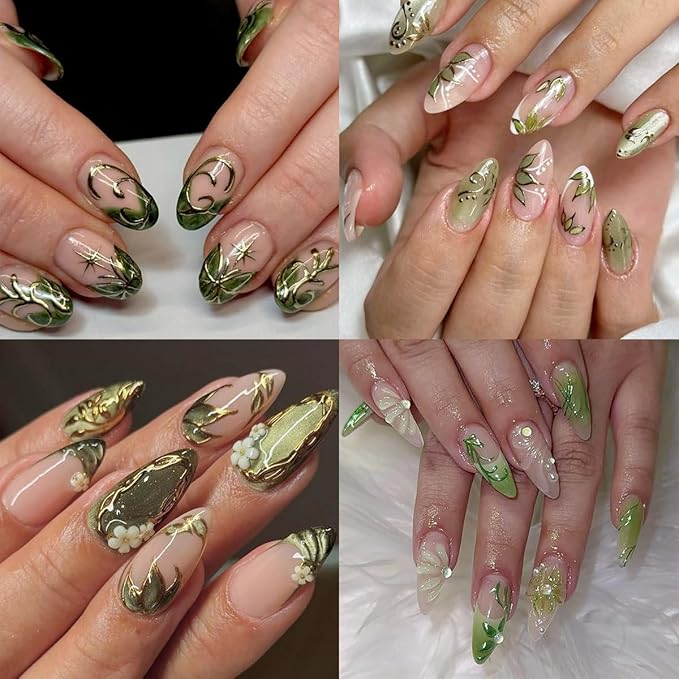2Sheets Spring Nail Stickers 5D Embossed Green Camellia Flower Nail Decals Self-Adhesive Green Leaf Nail Art Stickers Spring Summer Bronzing Flower Cute Nail Design Supplies for Women DIY Manicure