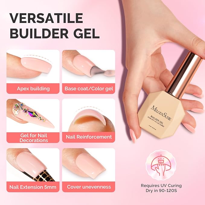 MelodySusie Builder Gel Nail Set for Nails Thickening,6 Colors 15ML Nude Base Colors Clear Rubber Base Gel Polish,Soak Off UV Extension Gel,Rhinestone Nail Glue in a Bottle Gift for Women