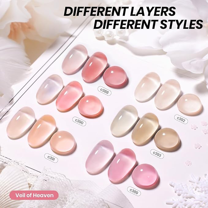 Beetles Rose Veil Jelly Gel Nail Polish Set - 6 Colors Nude Pink Gel Nail Kit Neutral Nude Gel Polish Sheer Translucent Effect Soak Off UV Nail Art Design Manicure Gift for Women