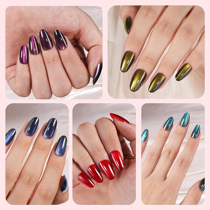 150Pcs Cat Eye Press on Nails, Plauva Short Oval Cat Eye Nail Tips, Glossy Glitter Fake Nails, Soft Gel Stick On Nails for Women and Girls 15 Sizes