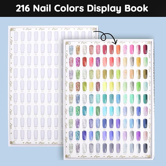 Segbeauty 216 Colors Nail Gel Book, Professional Nail Polish Display Chart with 240 False Nails Tips, Nails Sticks Color Cardboard Fingernail Art Salon Press on Fingernail Organizer Book