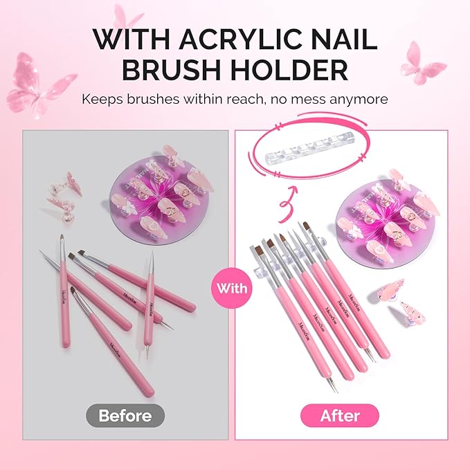 MelodySusie Nail Stand for Press Ons, Super Pink Metal Round With Butterfly Pattern Magnetic Base for Painting Display with Brush Holder And Reusable Double-Sided Tape for Home DIY Salon Supplies