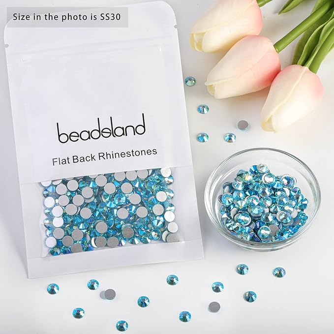 Beadsland 576pcs Flat Back Crystal Rhinestones Round Gems for Nail Art and Craft Glue Fix, Aquamarine AB, SS30,6.3-6.5mm