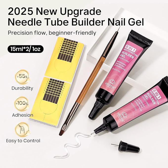 MIZHSE 8 in 1 Builder Gel for Nails, 2Pcs Clear Hard Builder Gel for Nails Strengthen Thickening Tip Design Rhinestone Nail Glue U V LED Extension Gels Kit for Nail Art Design
