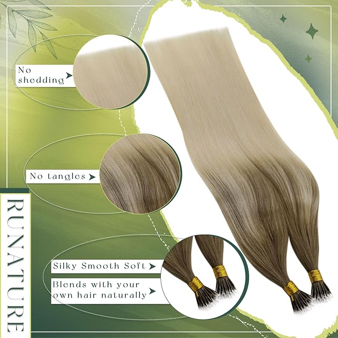 RUNATURE Nano Bead Hair Extensions Human Hair, Ombre Balayage Nano Tip Hair Extensions, Soft Remy Natural Hair for Women, Well Blended Brazilian Hair, Can Be Styled, 16 Inch 50s/50g