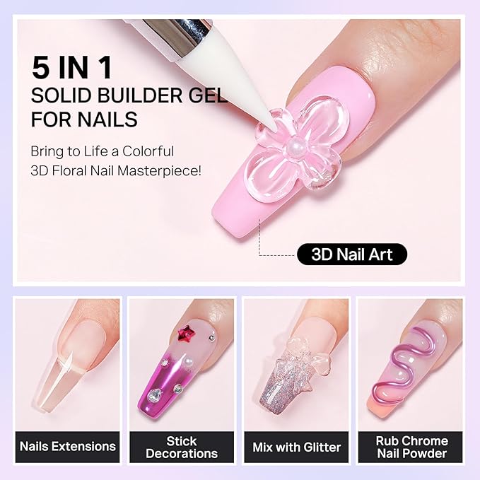 MIZHSE 3D Gel Nail Art Sculpting Gel, 60g Large Capacity Clear Solid Builder Gels for Nails, Non-Sticky Molding Hard Gels for Nail Art Charms, UV LED, with Gold Chrome Powder & Silicone Flower Mold