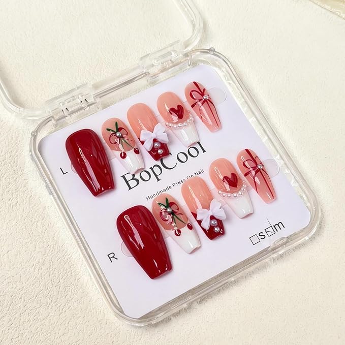 Luxury Handmade Press On Nails - Coffin Shaped Fake Nails with 3D Bows & Cherry Pearls, French Red Reusable False Nails, Salon-Grade Multi-Layer Gel Acrylic Nail Art（S-10PCS)