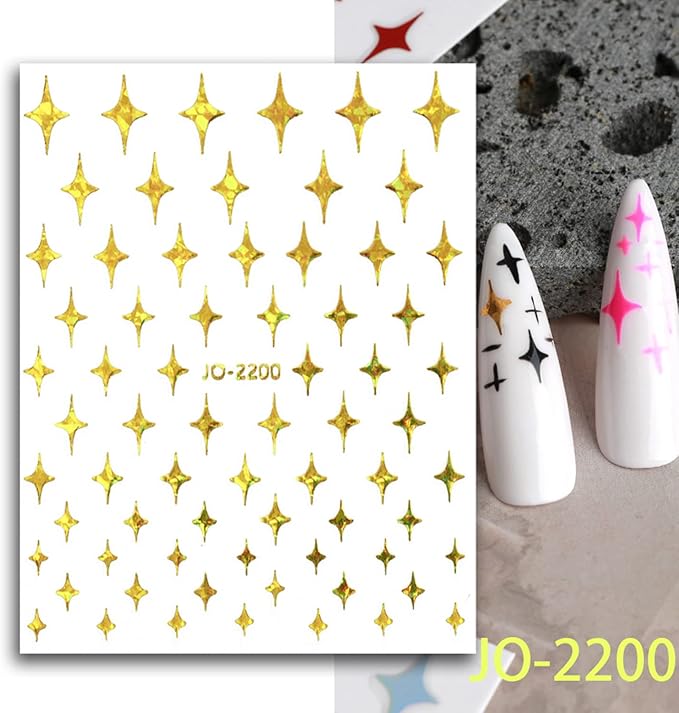 12 Colors Stars Nail Art Stickers, 3D Stars Self-Adhesive Sticker Design, Laser Gold Silver Red Black White Pink Yellow Green Four-Pointed Star Nail Transfer Decals for Women Manicure Decorations