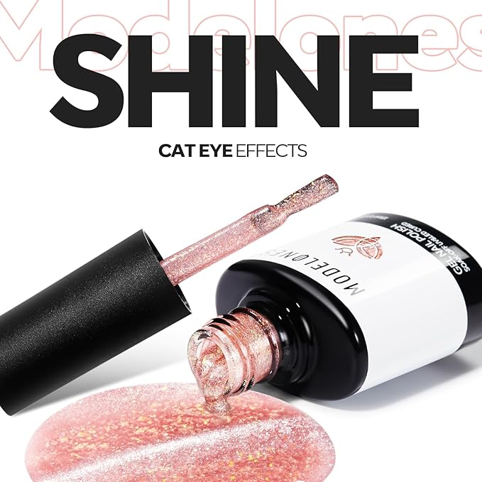 modelones Nude Cat Eye Pink Gel Polish 9D Cateye with Magnet Gold Glitter Gel Nail Polish Shimmer U V Soak Reflective Translucent Jelly Gel Magnetic Nail Polish 15 ML