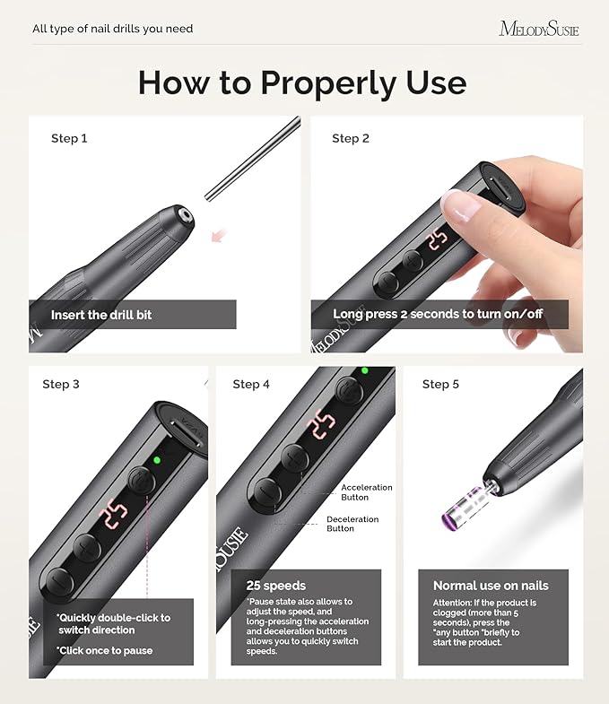 MelodySusie Pen-Shaped Portable Cordless Nail Drill, PC180E 25000RPM Rechargeable Electric File with LED Display for All Nail Care, Manicure Shaping & Acrylic Gel Removal for Nail Artists DIY at Home