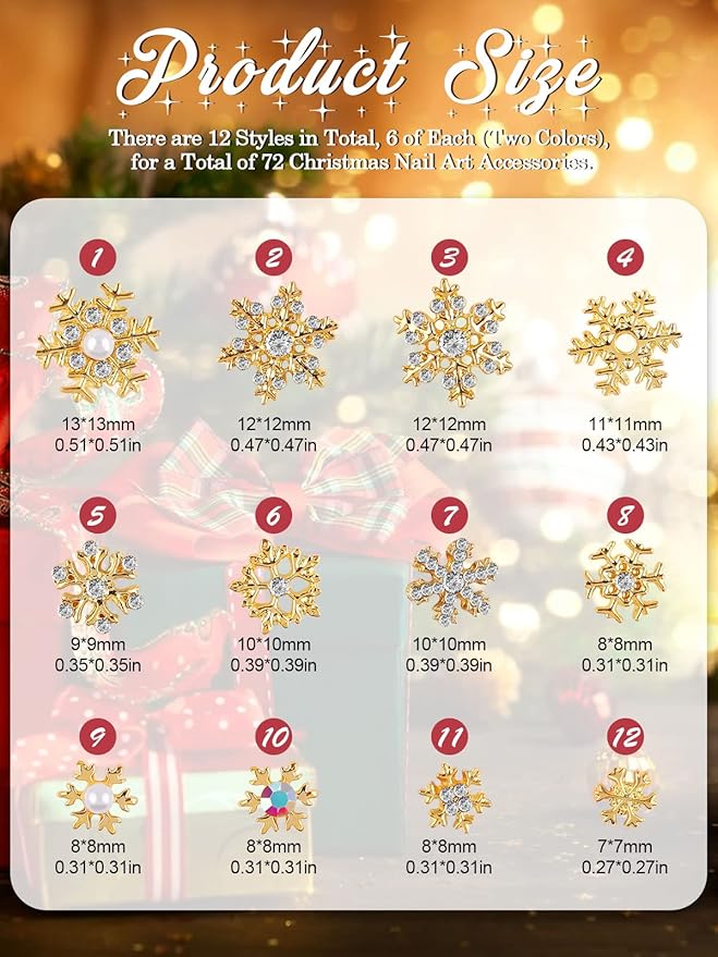 72 Pcs Christmas Snowflake Nail Charms, Kalolary 3D Glitters Nail Rhinestones with Gem Crystals Jewelry for Christmas Holiday Nail Art Decoration