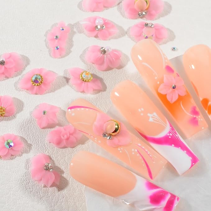 30PCS 3D Handmade Flower Nail Art Charms Advanced Handcrafted Cherry Blossom Flower Colorful Sculpted Floral Nails with Rhinestone Caviar Beads Design for Women Profession Nail Art Craft Jewelry
