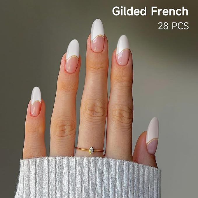Semi Cured Gel Nail Strips, 28 pcs Gel Nails Stickers for Women Work with Any UV Lamp, Long Lasting Nail Wraps for Home DIY Nails Art (Gilded French)