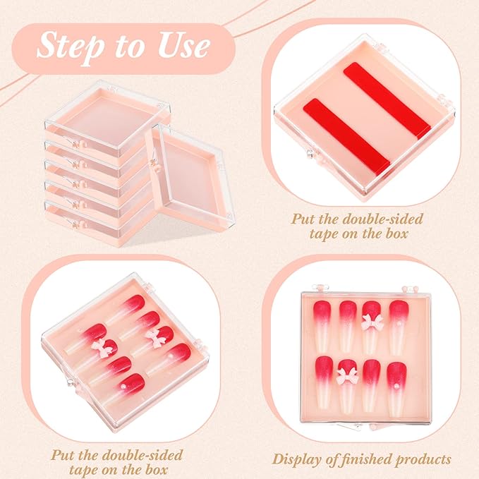 Landhoow 15 Pcs Press On Nail Boxes Nail Display Case with 30 Adhesive Tape, Artificial Press On Nail Container, Acrylic Storage Organizer(Pink)