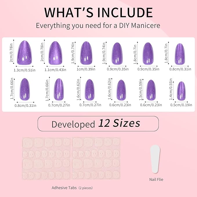 Purple Almond Cat Eyes Press On Nails,12 Sizes - 24 Pcs Soft Gel Grape Purple Medium Fake Nails Kit with Nail Glue, Natural Reusable Stick On False Nails for Women and Girls SK1025