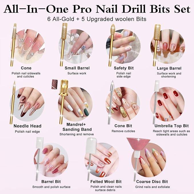 Nail Drill Professional 45000RPM Electric Nail File Kit, Upgraded Rechargeable Cordless Efile Set, Portable Acrylic Gel Nail Polish Remover Machine,Manicure Tool with 11 Gold Bits for Home/Salon