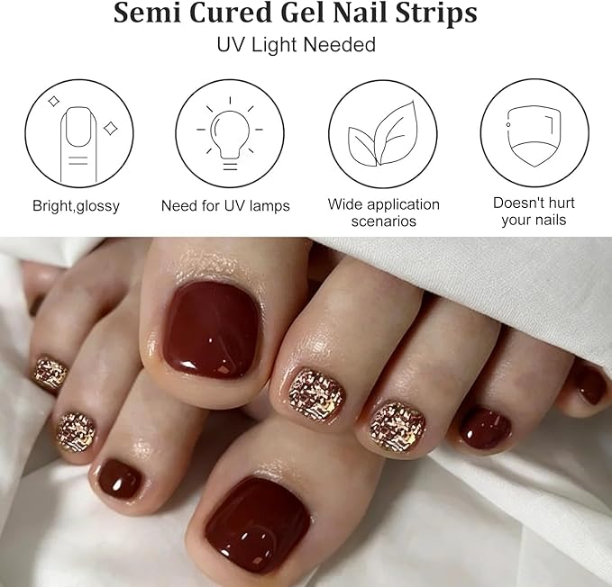 32 Pcs Dark Red Semi Cured Gel Toe Nail Strips Gold Glitter Gel Nail Stickers Full Cover Nails Wraps Self Adhesive Toe Nails Polish Strips Stickers for Women UV/LED Light Required