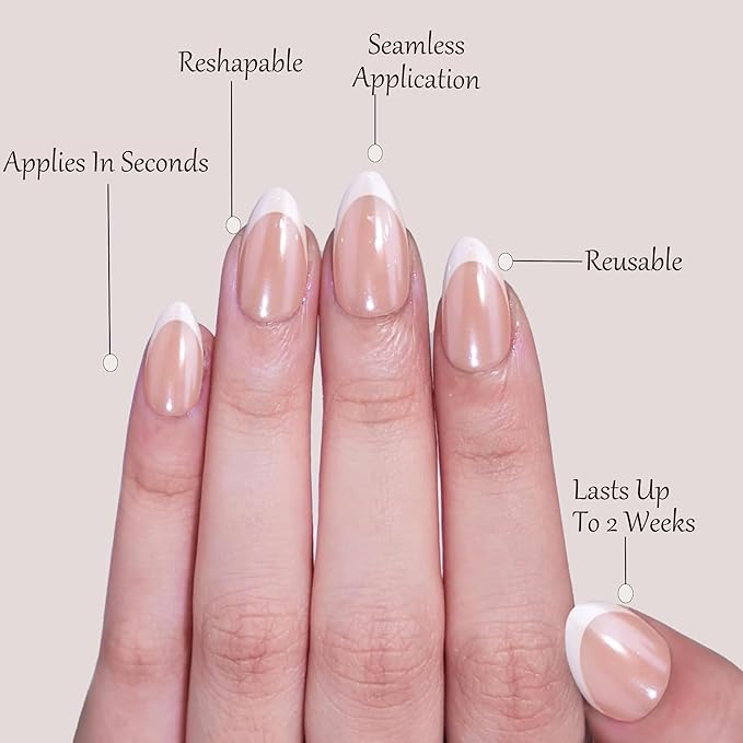 French Tip Press On Nails， White Short Almond Reusable Stick On Nails in 12 Sizes - 24 Soft Gel Fake Nail Kit for Women
