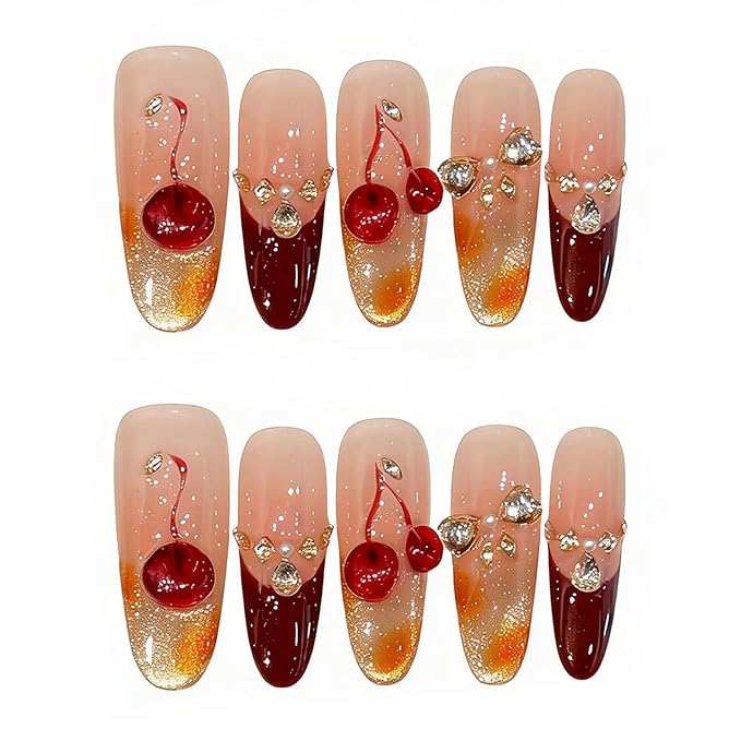 Handmade Press on Nails Square Sweet and Alluring Style Cherry Burgundy Nail Art with Rhinestone Embellishments Acrylic Nails Press on Handmade Nails Luxury Press on Nails（M）