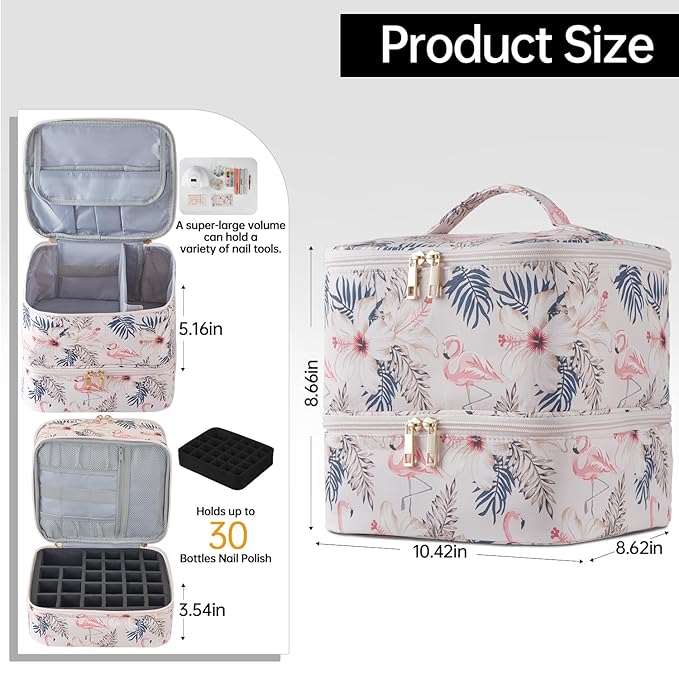 Buruis Double-Layer Nail Polish Organizer Bag, Holds 27 Bottles (15ML/0.5 FL.OZ or Larger), Nail Tools & Dryer Storage Case with Adjustable Dividers (Flamingo)