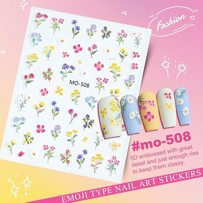 Flower Nail Art Stickers 5D Embossed Nail Decals for Nails Art Design Self-Adhesive Spring Summer Daisy Floral Leaf Plant Nail Accessories for Women Manicure DIY Art Decoration 6 Sheets YX1226