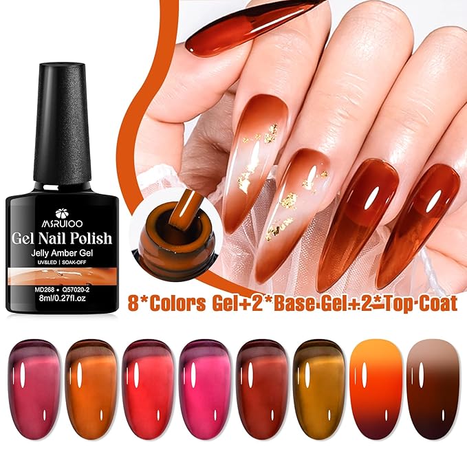 12Pcs Jelly Gel Polish Set Crytal Orange Burgundy Red Transparent Amber Gel, Brown Color Changing Gel Nail Polish Set Fall Winter Manicure Kit 8 Colors