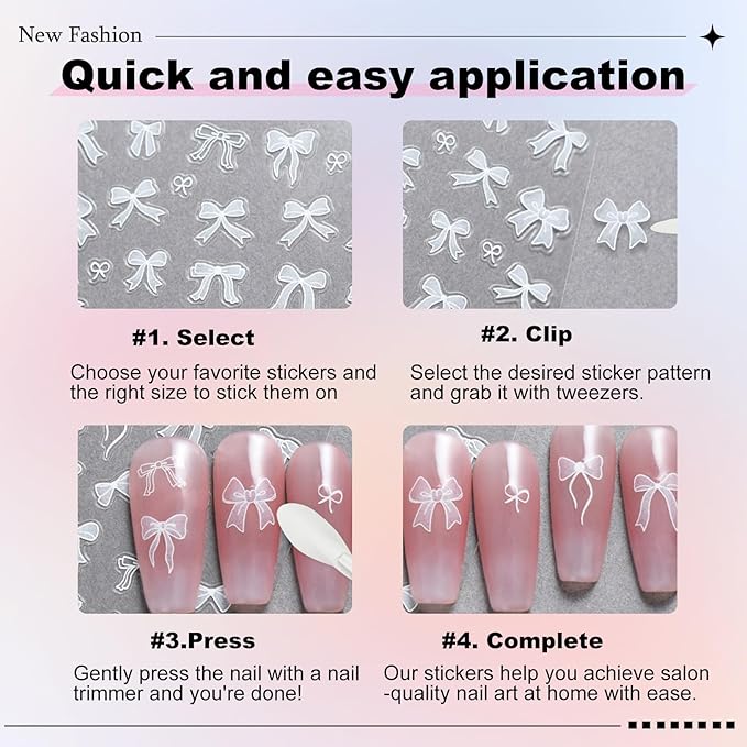 12 Sheets Bow Nail Sticker 3D Embossed Self-Adhesive Color Bow Art Nails Decals 5D Design Stickers Supplies for Women Girls Manicure Decoration 931-12