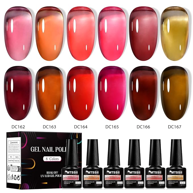 MTSSII Nude Brown Jelly Gel Nail Polish Set 6PCS Jelly Gel Polish Kit Crystal Nail Polish Red Coral Caramel Orange Amber Brown Green Nail Art Manicure DIY Gift