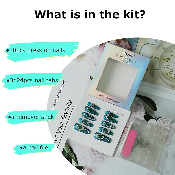 Luxury Handmade Emerald Green Long Coffin Press On Nails, 3D Multi-shape Rhinestones Crystal Sparkle Elegant Acrylic Nails (Emerald Green Sparkle, S)