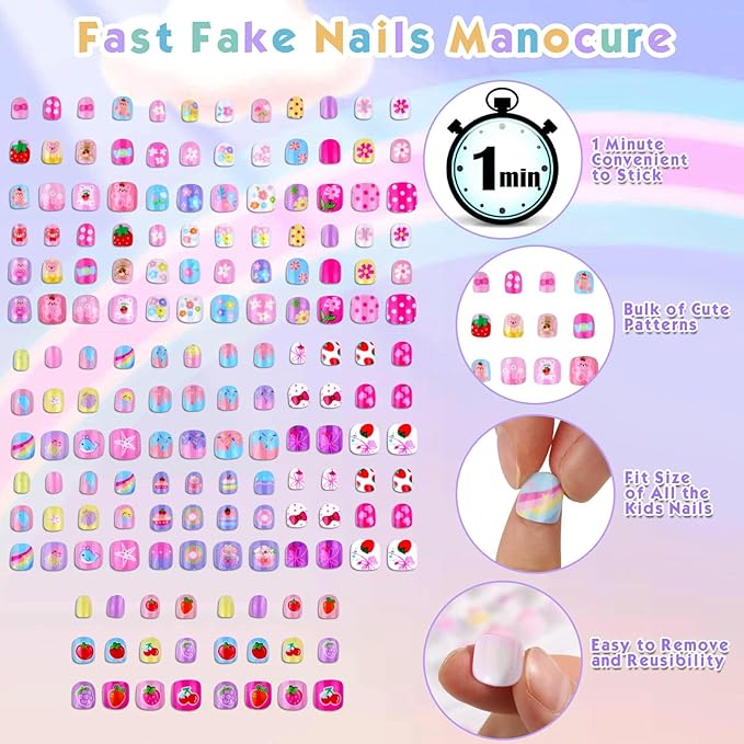 168Pcs Kids Press on Nails Set for Little Girls, Shynek Mini Fake Nails for Kids Pre Glue Stickers Nails Full Cover Small Nail Tips for Girls Gifts 8-10 (Extra Small Nail Size)