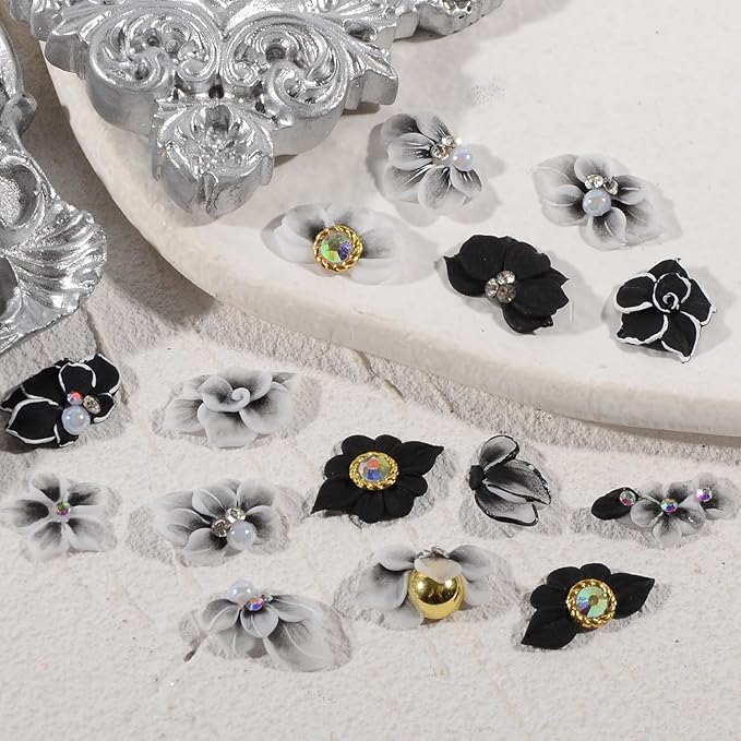 30PCS 3D Handmade Flower Nail Art Charms Advanced Handcrafted Cherry Blossom Flower Colorful Sculpted Floral Nails with Rhinestone Caviar Beads Design for Women Profession Nail Art Craft Jewelry