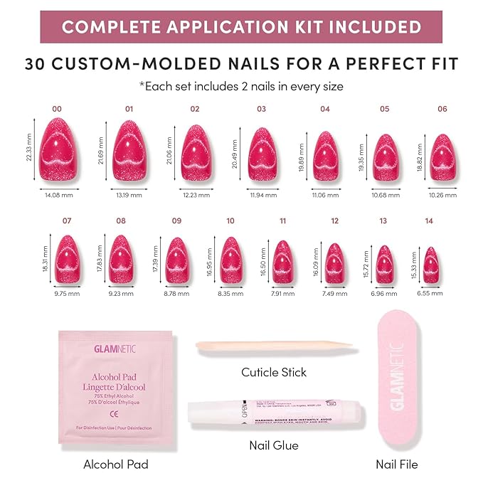 Glamnetic Press On Nails - Text Me Back | Short Almond Fake Nails in Hot Pink with Cat-Eye Magnetic Heart Designs in a Velvet Finish, Valentines Day Nails | 15 Sizes - 30 Nail Kit with Glue