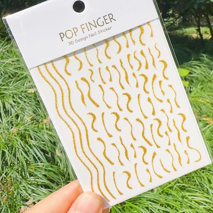 SILPECWEE 8 Sheets Gold Glitter Nail Art Stickers Decals for Women Kids French Nail Stickers French Tip Stripe Flame Flower Butterfly for Nails Design 3D Self-Adhesive Manicure Decoration