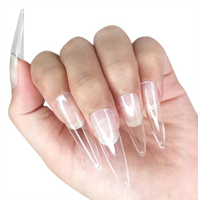 Allkem Soft Gel Nail Tips - XXL Stiletto Nail Extensions with Refill Bag - 12 Sizes Extra Extra Long Full Cover Nails - Clear (504 Pieces)