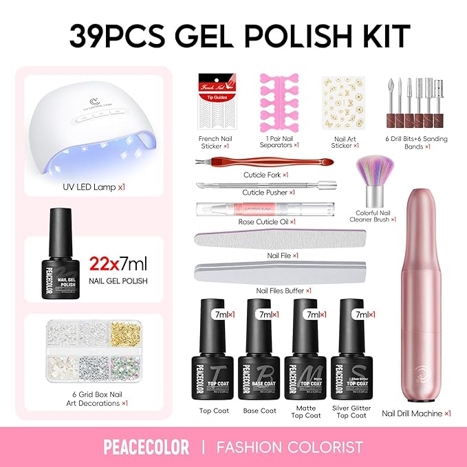 PEACECOLOR Gel Nail Polish Kit with U V light and Drill - 39Pcs Gel Nail Kit 22 Colors All Season Gel Polish Set with Base Matte Glossy Glitter Top Coat Soak Off Manicure Set Women Teens Girl Gifts