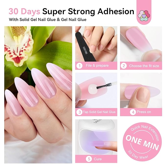 SAVILAND Gel Nail X Kit Almond: 4-In-1 Almond Press On Nail Tips with Glue White Pink Ombre Medium Almond 256 Pcs False Nail Tips Strong Glue On Nails Mini Nail Lamp Electric Nail Drill At Home