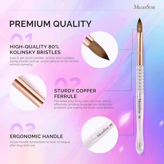 MelodySusie Kolinsky Acrylic Nail Brush, 80% Pure Kolinsky Hair, Professional Nail Brush for Acrylic Powder Nail Extension and 3D Nail Carving, Nail Art Tools for DIY Home Salon, Size 8