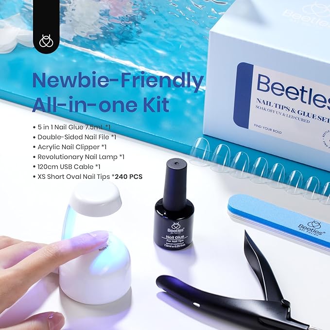 Beetles Gel Nail Kit Easy Nail Extension Set 240Pcs Soft Nail Tips Extra Short Oval Shape with 5 In 1 Nail Glue Gel and Uv Led Lamp Nail Art Home Manicure Set Acrylic False Nail Tips Kit