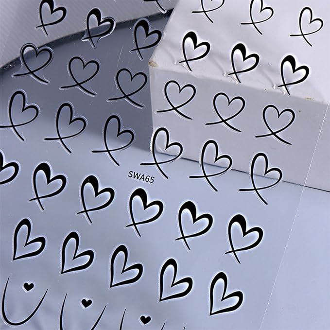 8 Sheets Valentines Nail Art Stickers 3D Self-Adhesive Heart Nail Decals Romantic Black Pink Heart Nail Stickers Design Holiday DIY Manicure Decorations for Women
