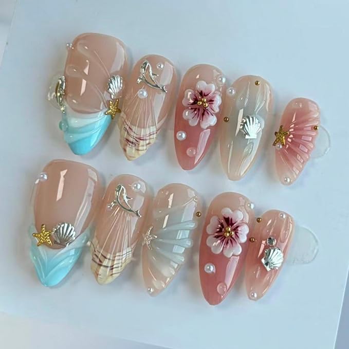 Press on Nails Medium Almond Fake Nails 3D French Artificial Nail Flowers and Pearl Charm Stick on Nail for Women 24pcs