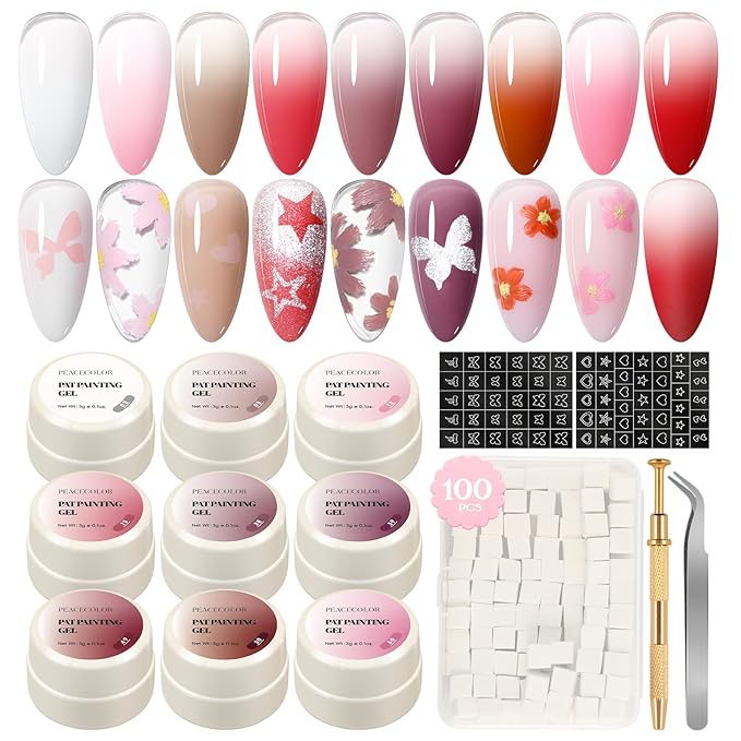 PEACECOLOR Sponge Patting Nail Gel Polish, 9 Colors Painting Ombre Gel with Sponges Beginner Friendly Gradient Nail Art Beauty Gift Sets