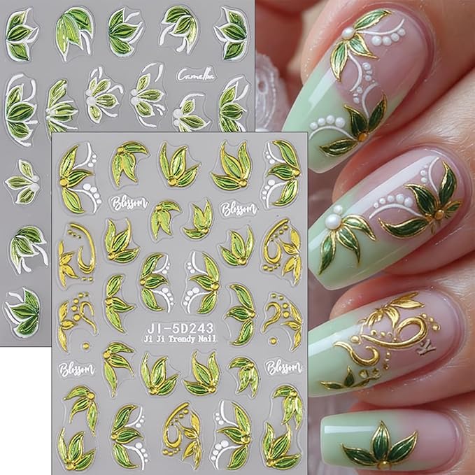 2Sheets Spring Nail Stickers 5D Embossed Green Camellia Flower Nail Decals Self-Adhesive Green Leaf Nail Art Stickers Spring Summer Bronzing Flower Cute Nail Design Supplies for Women DIY Manicure