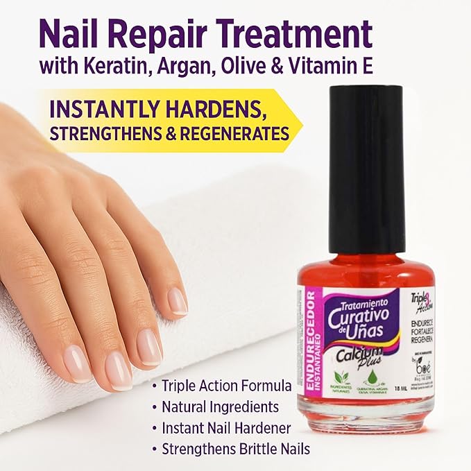 Nail Healing Treatment 0.61 oz - Triple Action Nail Hardener for Damaged Nails - Strengthens, Repairs, Regenerates - Keratin, Argan Oil, Vitamin E & Calcium - Nail Strengthener & Nail Growth Solution