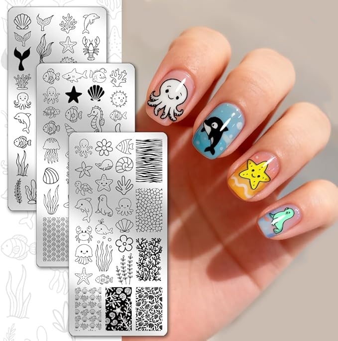 PH PandaHall 3pcs Marine Life Nail Stamping Plate, Ocean Beach Nail Art Templates Mermaid Octopus Sea Grass Stainless Steel Image Plate Art Stencils with Tools for DIY Print Manicures Salon Design