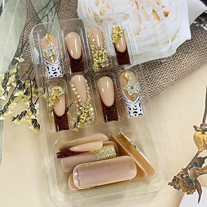 Press on Nails Coffin Long Length Acrylic Glossy Full Cover Square Shaped French False Nails with Designs Artificial Extra Long Fake Nails with Charms Glue ons Fingernails for Women(C080)