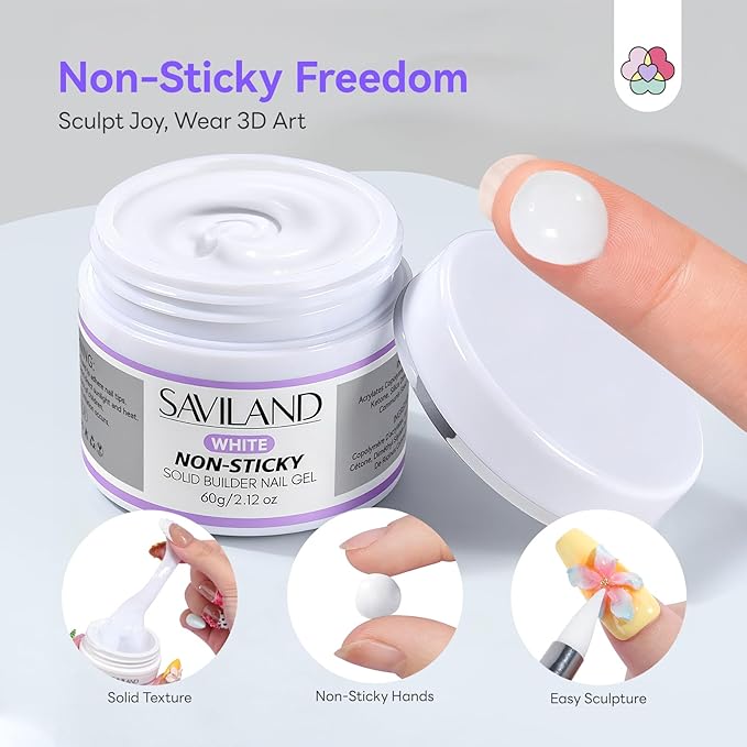 SAVILAND White Solid Builder Nail Gel Kit: Non-Sticky 60 g Sculpture Gel for Nail Art with Chrome Powder Sequins Sculpture Pen Non-Wipe Extensions 3D Nails Art Designs DIY Home